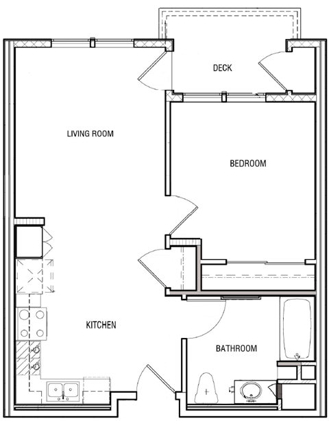 Floor plan for 1 bed, 1 bath, 705 sqft